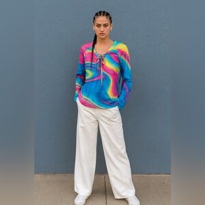 NWOT Colorful Tie-Dye Lace-Up Long Sleeve Top
